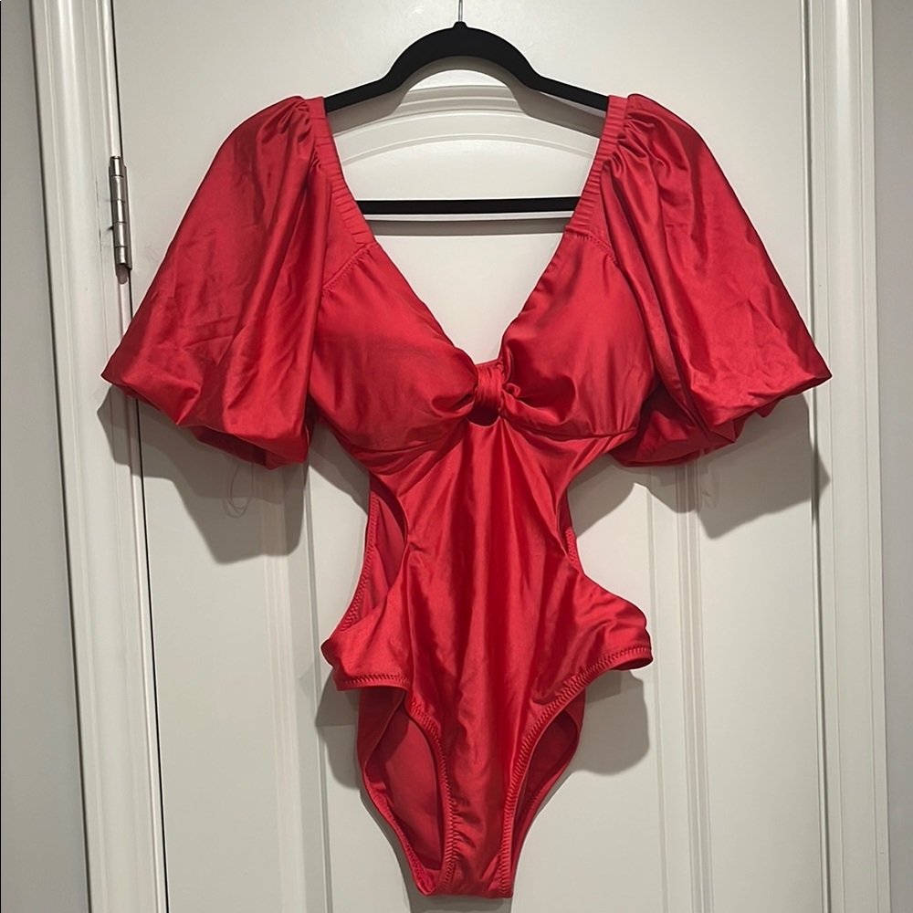 Red Cutout Puff-Sleeve One-Piece Swimsuit - Women Swim